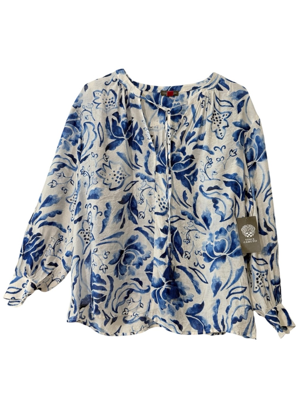 NWT Vince Camuto White Blouse with Blue Floral Tie-Neck Size Small